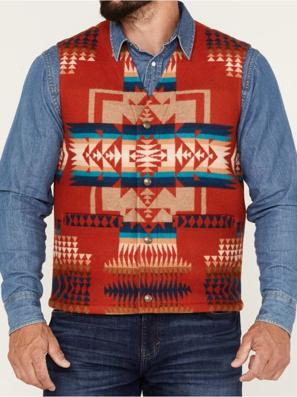 NWT Pendleton Men's Chief Joseph Quilted Snap Wool Vest – Red / Multi – Size XL